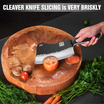 6.1 Inch Meat Cleaver Knife with Sheath, Hand Forged Butcher Knife for Meat Cutting, Full Tang Chef Knife for Kitchen, Outdoor Cooking, Camping, BBQ, with Gift Box