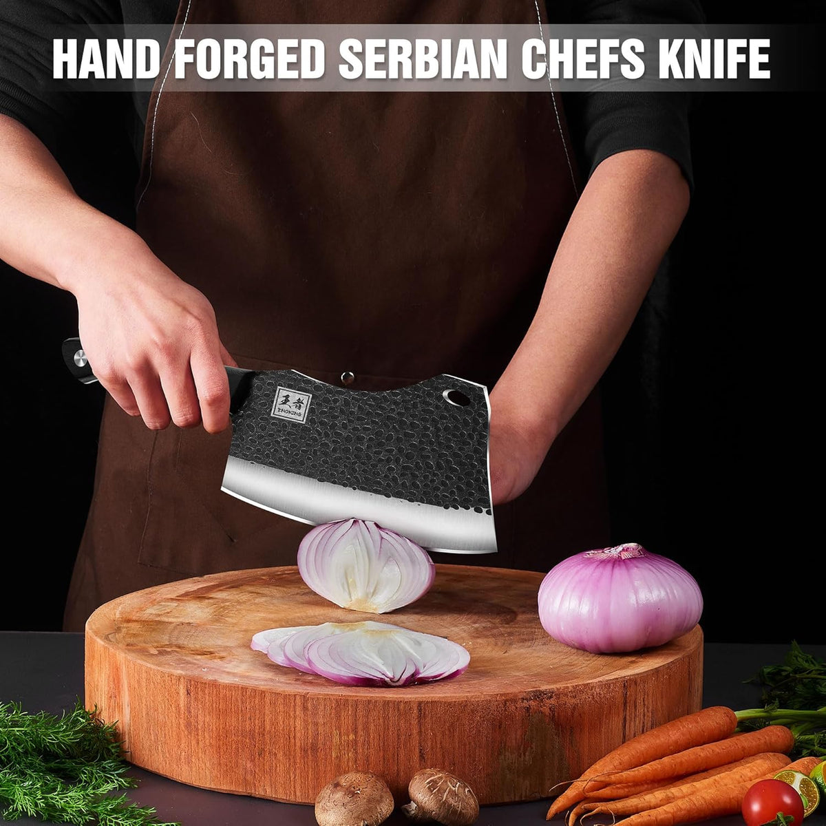 6.1 Inch Meat Cleaver Knife with Sheath, Hand Forged Butcher Knife for Meat Cutting, Full Tang Chef Knife for Kitchen, Outdoor Cooking, Camping, BBQ, with Gift Box