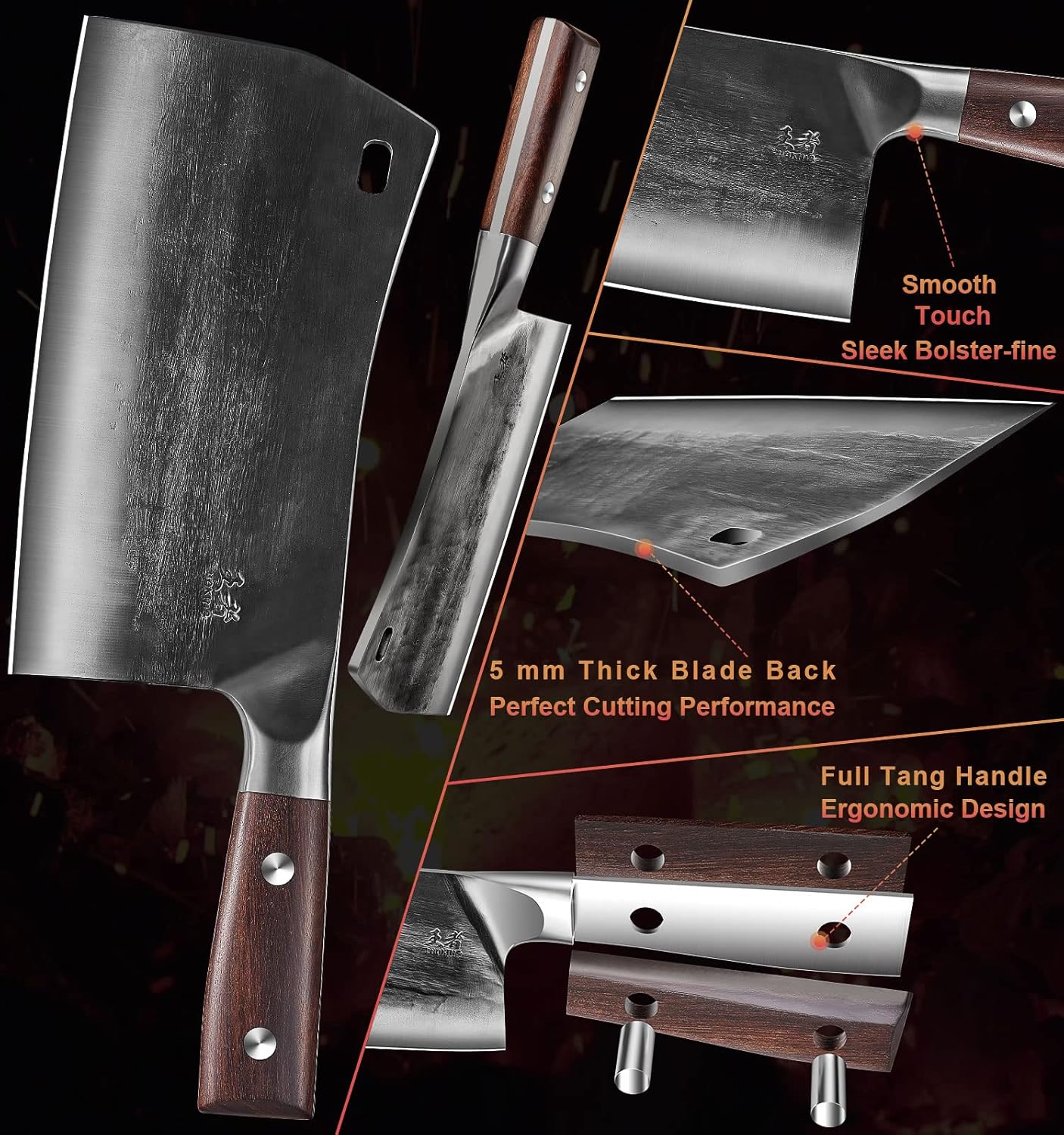 6.1 Inch Meat Cleaver Knife with Sheath, Hand Forged Butcher Knife for Meat Cutting, Full Tang Chef Knife for Kitchen, Outdoor Cooking, Camping, BBQ, with Gift Box