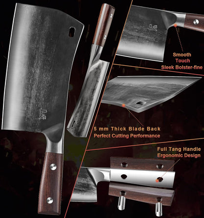 6.1 Inch Meat Cleaver Knife with Sheath, Hand Forged Butcher Knife for Meat Cutting, Full Tang Chef Knife for Kitchen, Outdoor Cooking, Camping, BBQ, with Gift Box