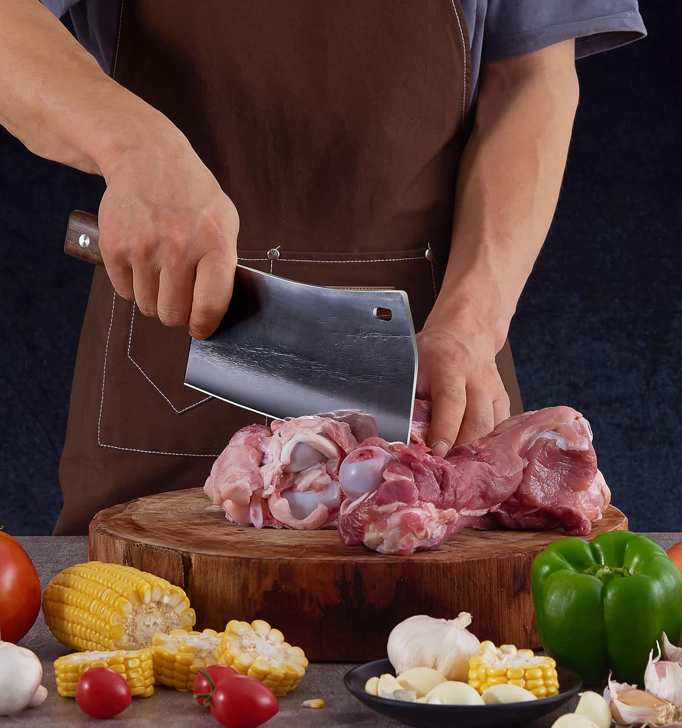 6.1 Inch Meat Cleaver Knife with Sheath, Hand Forged Butcher Knife for Meat Cutting, Full Tang Chef Knife for Kitchen, Outdoor Cooking, Camping, BBQ, with Gift Box
