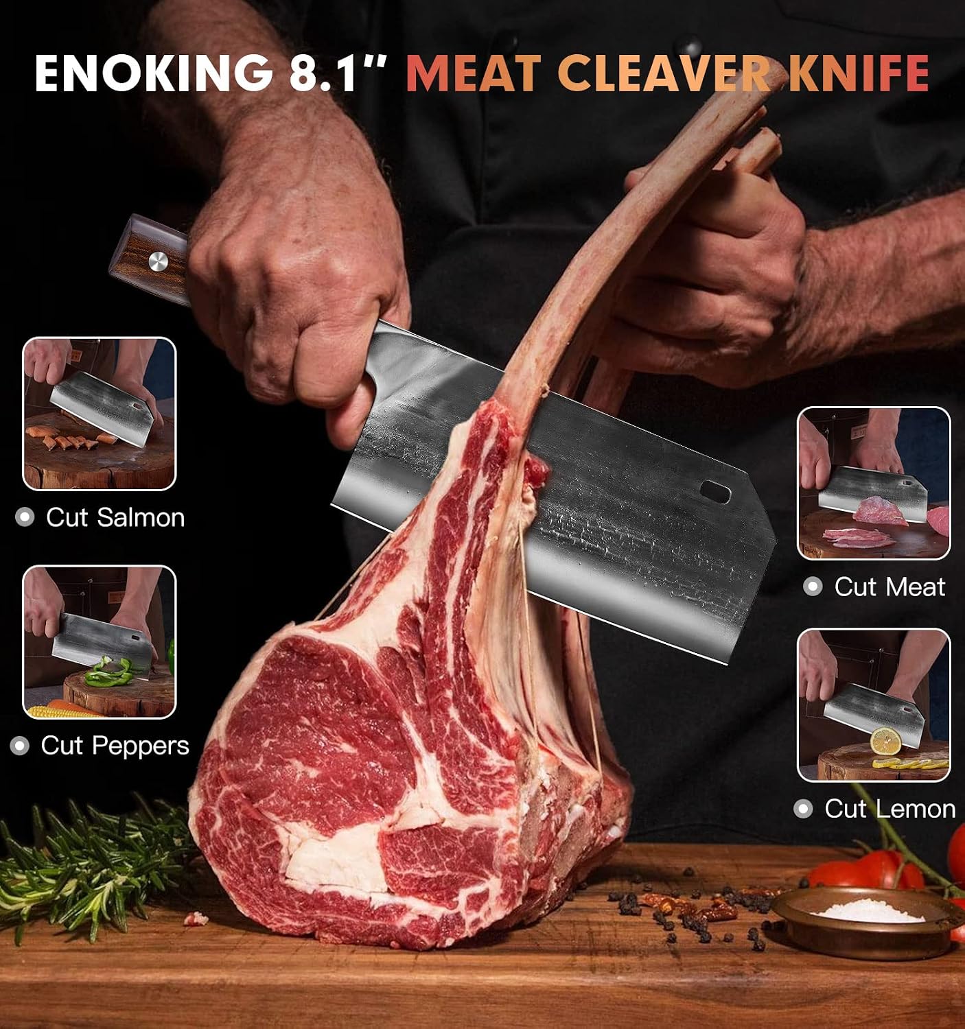 6.1 Inch Meat Cleaver Knife with Sheath, Hand Forged Butcher Knife for Meat Cutting, Full Tang Chef Knife for Kitchen, Outdoor Cooking, Camping, BBQ, with Gift Box