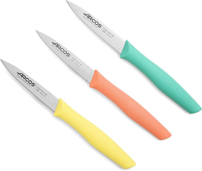 Paring Knife Set of 3 Pieces 4 Inch Stainless Steel. Colorful Kitchen Knives for Peeling Fruits and Vegetables. Ergonomic Polypropylene Handle. Series Nova. Color Orange, Yellow and Blue.