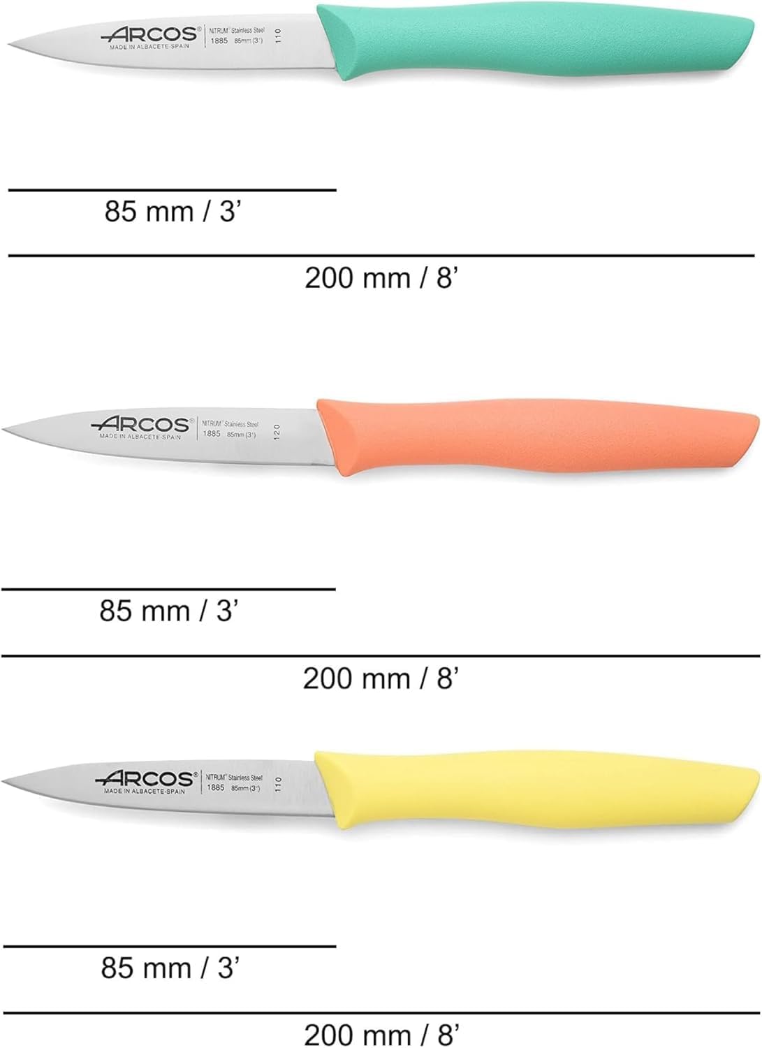 Paring Knife Set of 3 Pieces 4 Inch Stainless Steel. Colorful Kitchen Knives for Peeling Fruits and Vegetables. Ergonomic Polypropylene Handle. Series Nova. Color Orange, Yellow and Blue.
