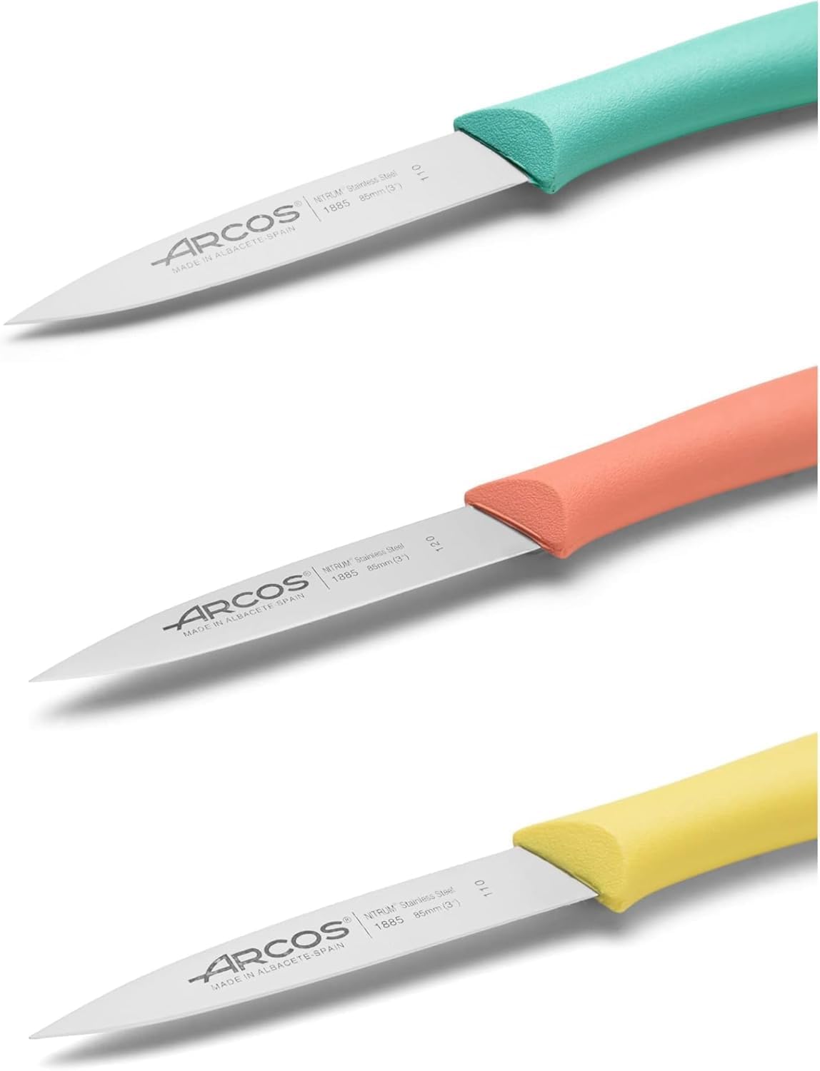 Paring Knife Set of 3 Pieces 4 Inch Stainless Steel. Colorful Kitchen Knives for Peeling Fruits and Vegetables. Ergonomic Polypropylene Handle. Series Nova. Color Orange, Yellow and Blue.