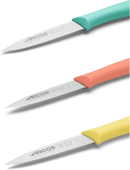 Paring Knife Set of 3 Pieces 4 Inch Stainless Steel. Colorful Kitchen Knives for Peeling Fruits and Vegetables. Ergonomic Polypropylene Handle. Series Nova. Color Orange, Yellow and Blue.