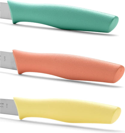 Paring Knife Set of 3 Pieces 4 Inch Stainless Steel. Colorful Kitchen Knives for Peeling Fruits and Vegetables. Ergonomic Polypropylene Handle. Series Nova. Color Orange, Yellow and Blue.