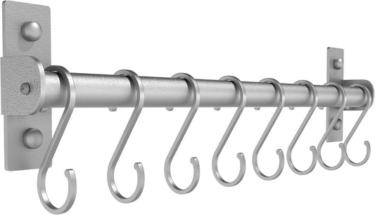 Kitchen Utensil Holder Hanger, Pot and Pan Rack Wall Mounted, Kitchen Rail with 8 Hooks for Hanging Cooking Utensils, Mugs, Spoons, Wall Mounted, Silver