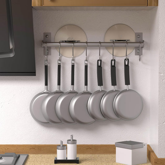 Kitchen Utensil Holder Hanger, Pot and Pan Rack Wall Mounted, Kitchen Rail with 8 Hooks for Hanging Cooking Utensils, Mugs, Spoons, Wall Mounted, Silver