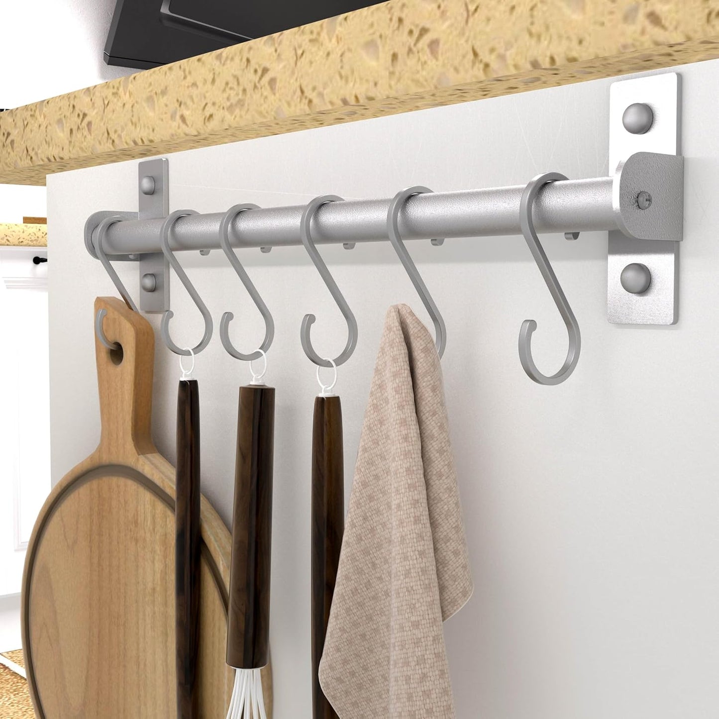 Kitchen Utensil Holder Hanger, Pot and Pan Rack Wall Mounted, Kitchen Rail with 8 Hooks for Hanging Cooking Utensils, Mugs, Spoons, Wall Mounted, Silver