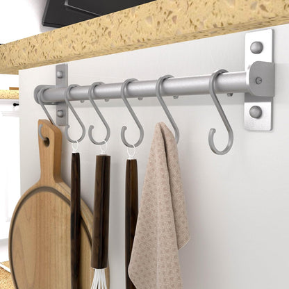 Kitchen Utensil Holder Hanger, Pot and Pan Rack Wall Mounted, Kitchen Rail with 8 Hooks for Hanging Cooking Utensils, Mugs, Spoons, Wall Mounted, Silver