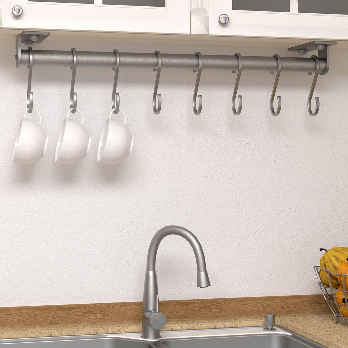 Kitchen Utensil Holder Hanger, Pot and Pan Rack Wall Mounted, Kitchen Rail with 8 Hooks for Hanging Cooking Utensils, Mugs, Spoons, Wall Mounted, Silver