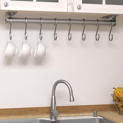 Kitchen Utensil Holder Hanger, Pot and Pan Rack Wall Mounted, Kitchen Rail with 8 Hooks for Hanging Cooking Utensils, Mugs, Spoons, Wall Mounted, Silver