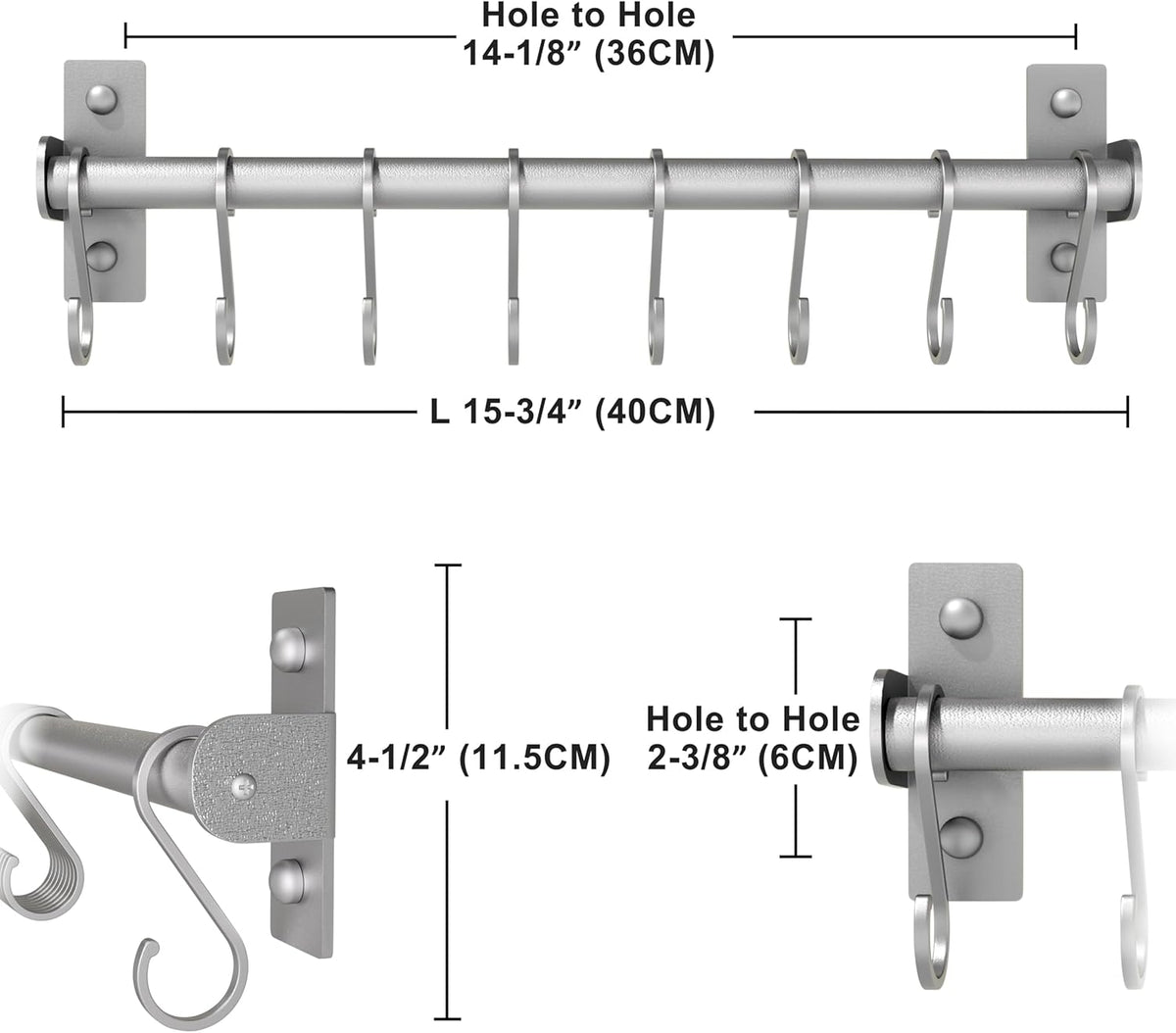 Kitchen Utensil Holder Hanger, Pot and Pan Rack Wall Mounted, Kitchen Rail with 8 Hooks for Hanging Cooking Utensils, Mugs, Spoons, Wall Mounted, Silver