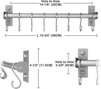Kitchen Utensil Holder Hanger, Pot and Pan Rack Wall Mounted, Kitchen Rail with 8 Hooks for Hanging Cooking Utensils, Mugs, Spoons, Wall Mounted, Silver