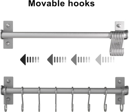 Kitchen Utensil Holder Hanger, Pot and Pan Rack Wall Mounted, Kitchen Rail with 8 Hooks for Hanging Cooking Utensils, Mugs, Spoons, Wall Mounted, Silver