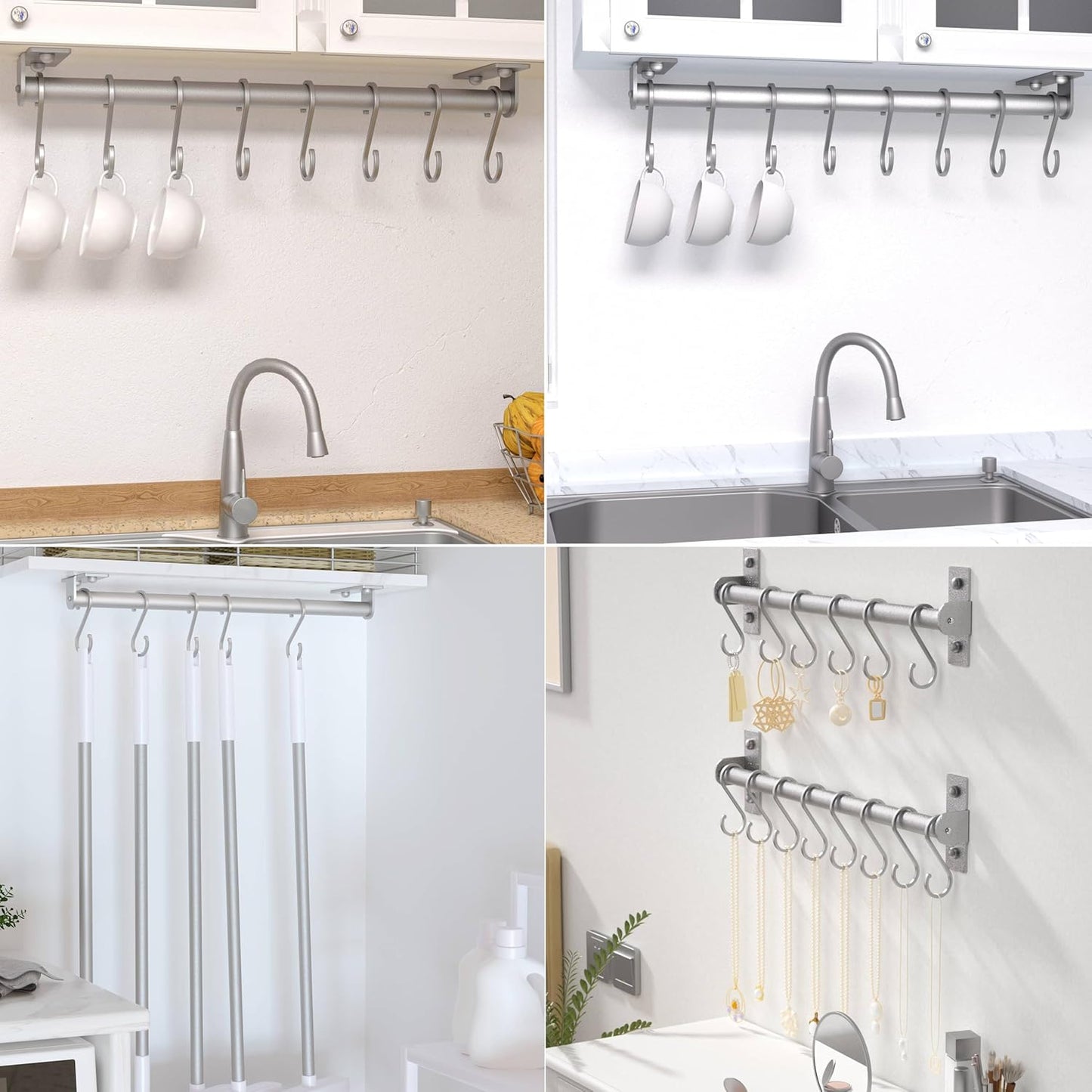 Kitchen Utensil Holder Hanger, Pot and Pan Rack Wall Mounted, Kitchen Rail with 8 Hooks for Hanging Cooking Utensils, Mugs, Spoons, Wall Mounted, Silver