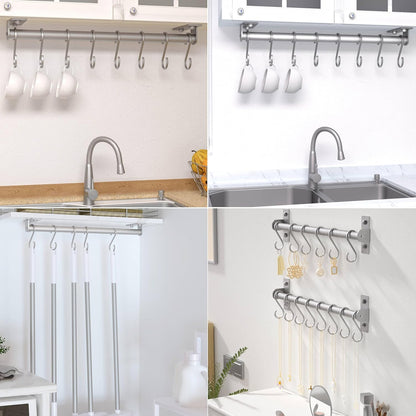 Kitchen Utensil Holder Hanger, Pot and Pan Rack Wall Mounted, Kitchen Rail with 8 Hooks for Hanging Cooking Utensils, Mugs, Spoons, Wall Mounted, Silver