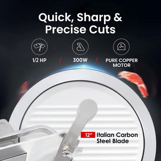12" Commercial Manual Meat Slicer, 2/5 HP Gravity Feed Electric Meat Slicer, deli meat cutter, Lunch Food Slicer, ham cutter with Adjustable Slicing for Semi-frozen Meat, Cheese