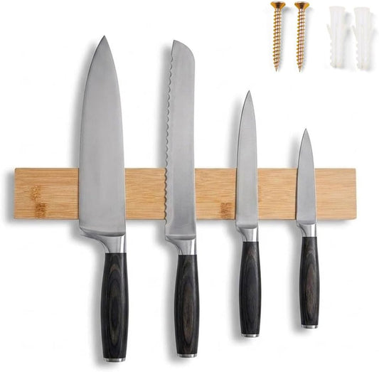Bamboo Knife Magnetic Strip, Magnetic Knife Holder for Wall, Magnetic Knife Block, Magnetic Tool Holder - Strong Magnet Kitchen Organizer for Knives, Utensils & Metal Tools