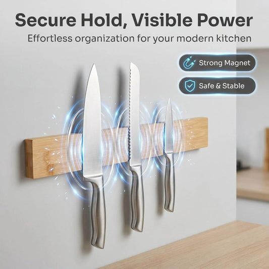 Bamboo Knife Magnetic Strip, Magnetic Knife Holder for Wall, Magnetic Knife Block, Magnetic Tool Holder - Strong Magnet Kitchen Organizer for Knives, Utensils & Metal Tools