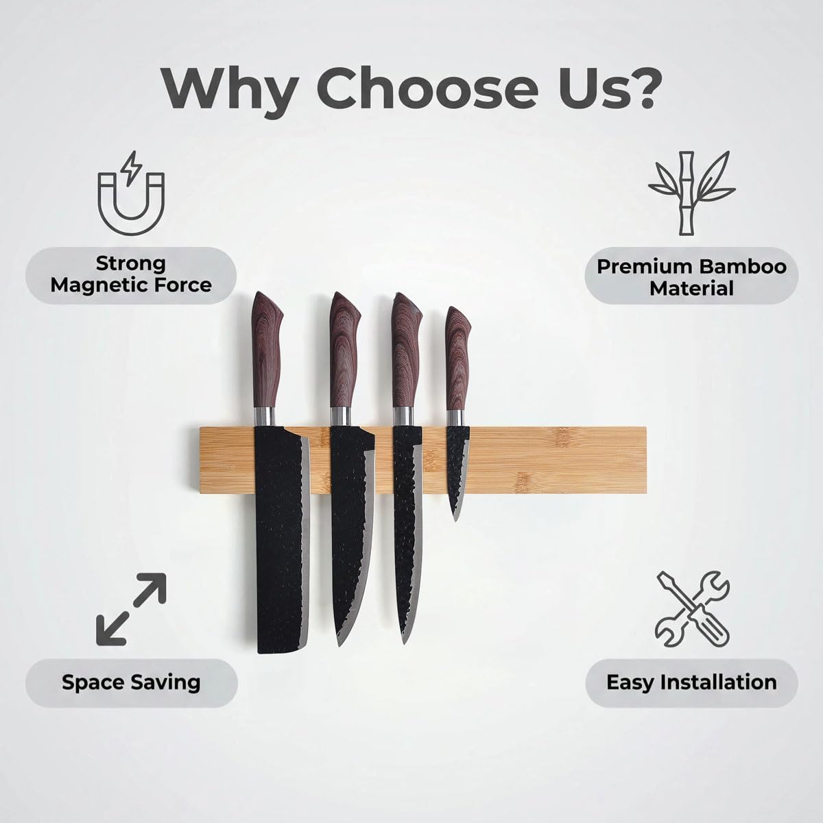 Bamboo Knife Magnetic Strip, Magnetic Knife Holder for Wall, Magnetic Knife Block, Magnetic Tool Holder - Strong Magnet Kitchen Organizer for Knives, Utensils & Metal Tools