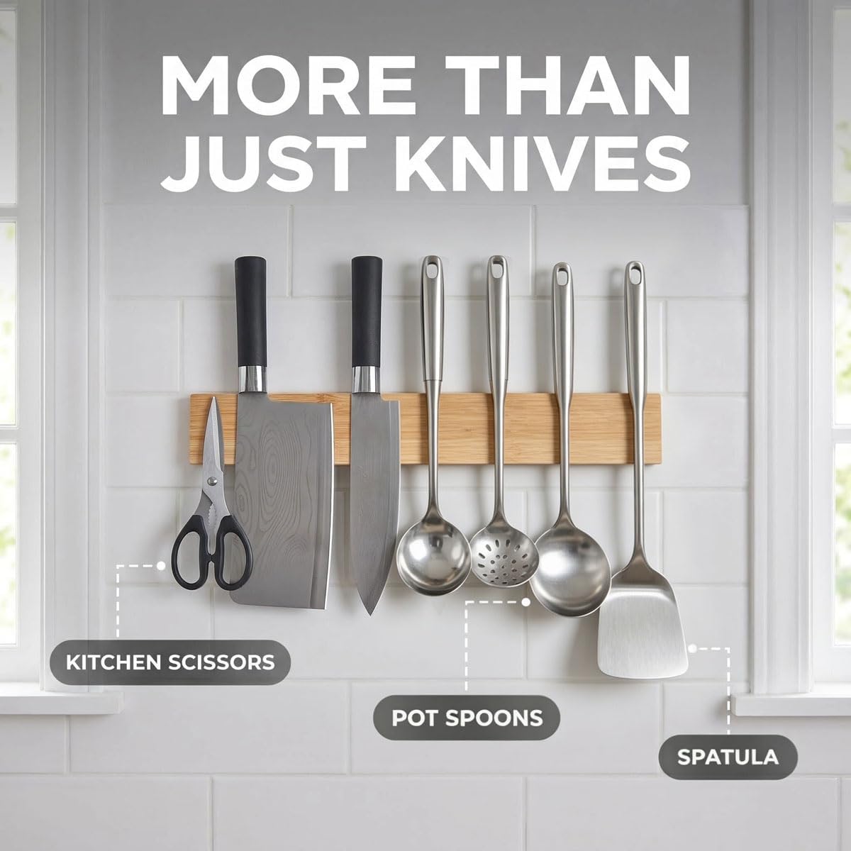 Bamboo Knife Magnetic Strip, Magnetic Knife Holder for Wall, Magnetic Knife Block, Magnetic Tool Holder - Strong Magnet Kitchen Organizer for Knives, Utensils & Metal Tools