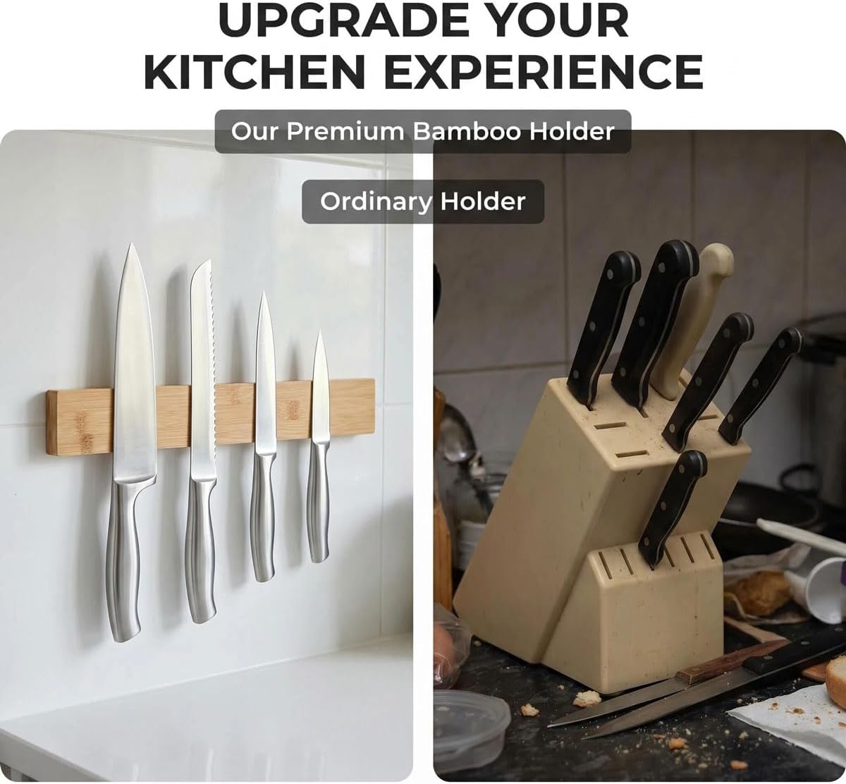 Bamboo Knife Magnetic Strip, Magnetic Knife Holder for Wall, Magnetic Knife Block, Magnetic Tool Holder - Strong Magnet Kitchen Organizer for Knives, Utensils & Metal Tools
