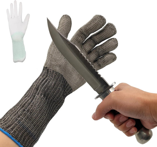 Cut Resistant Glove with Arm Protection Sleeves 316L Stainless Steel Mesh Metal Glove Level 9 Butcher Metal Glove for Meat, Fish Fillet, Oyster