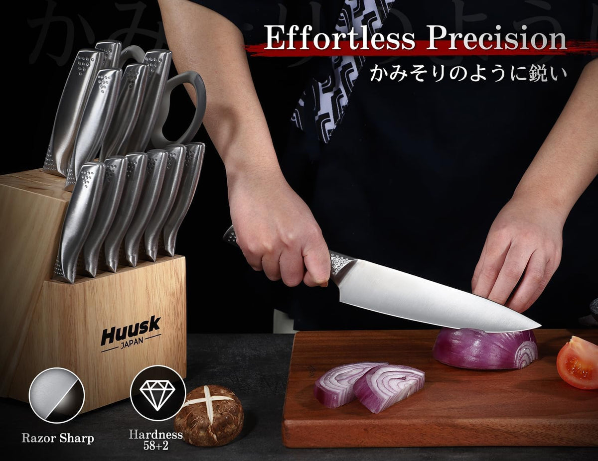 Huusk Kitchen Knife Set with Block & Built-in Sharpener - 14 pcs | Japanese Stainless Steel Knife Block Set, Sharp Chef Knife Set with Scissors, Ergonomic Handle, Gifts for Men Women
