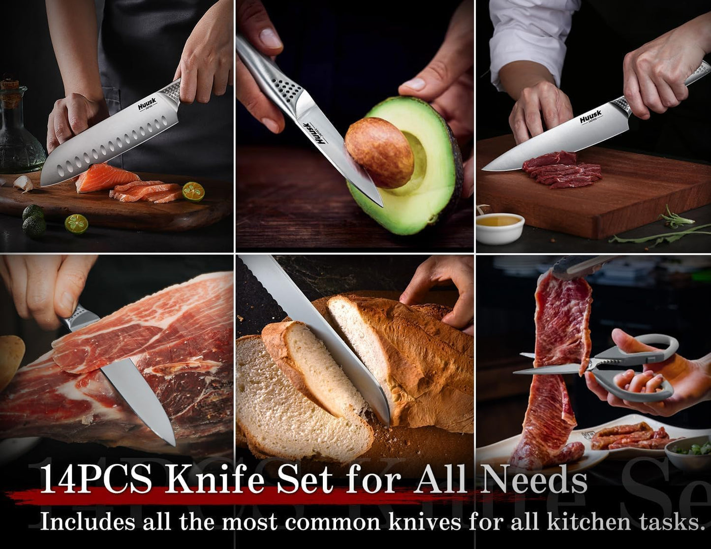 Huusk Kitchen Knife Set with Block & Built-in Sharpener - 14 pcs | Japanese Stainless Steel Knife Block Set, Sharp Chef Knife Set with Scissors, Ergonomic Handle, Gifts for Men Women
