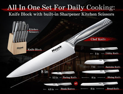 Huusk Kitchen Knife Set with Block & Built-in Sharpener - 14 pcs | Japanese Stainless Steel Knife Block Set, Sharp Chef Knife Set with Scissors, Ergonomic Handle, Gifts for Men Women