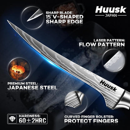 Huusk Kitchen Knife Set with Block & Built-in Sharpener - 14 pcs | Japanese Stainless Steel Knife Block Set, Sharp Chef Knife Set with Scissors, Ergonomic Handle, Gifts for Men Women