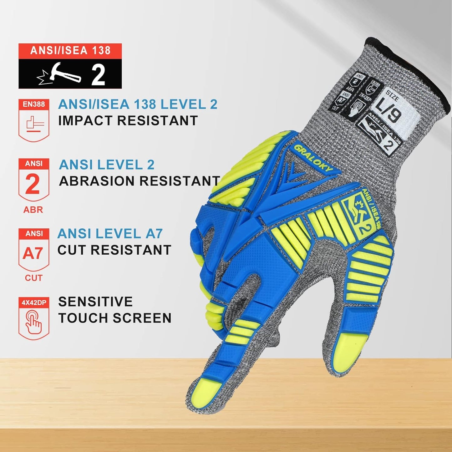Level 7 Cut Resistant Gloves, Safety Work Gloves for Men Women, Impact Gloves with TPR Protection, ANSI Level A7 Protection, Touch Screen Mechanic Work Glove for Construction Gardening Kitchen