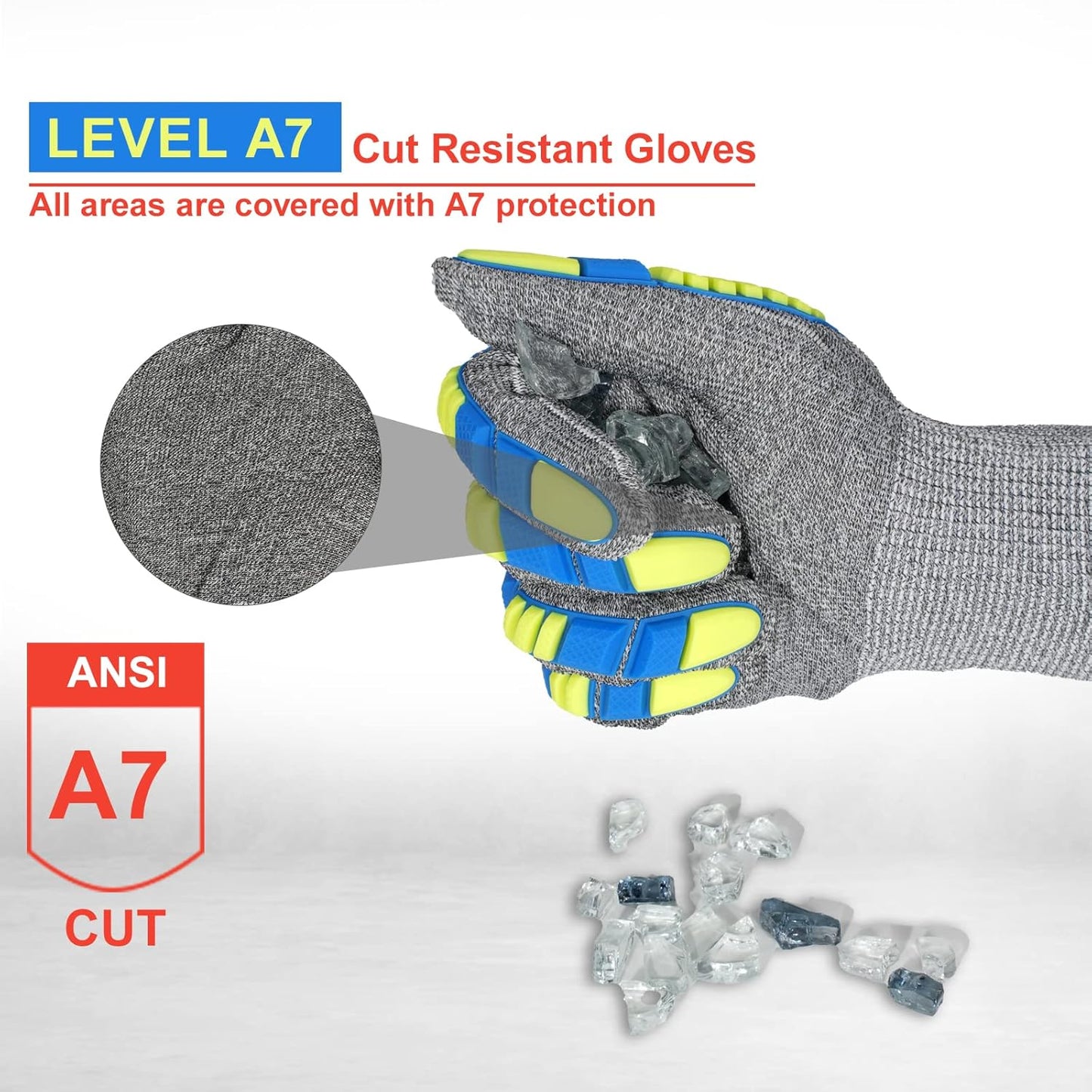 Level 7 Cut Resistant Gloves, Safety Work Gloves for Men Women, Impact Gloves with TPR Protection, ANSI Level A7 Protection, Touch Screen Mechanic Work Glove for Construction Gardening Kitchen
