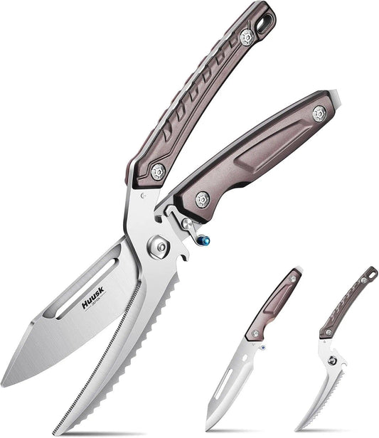 Huusk Heavy Duty Poultry Scissors - Kitchen Scissor for Food Brown | Serrated Edge, for Cutting Meat, Chicken and Bone, Detachable Sharp Shears, Gift Box