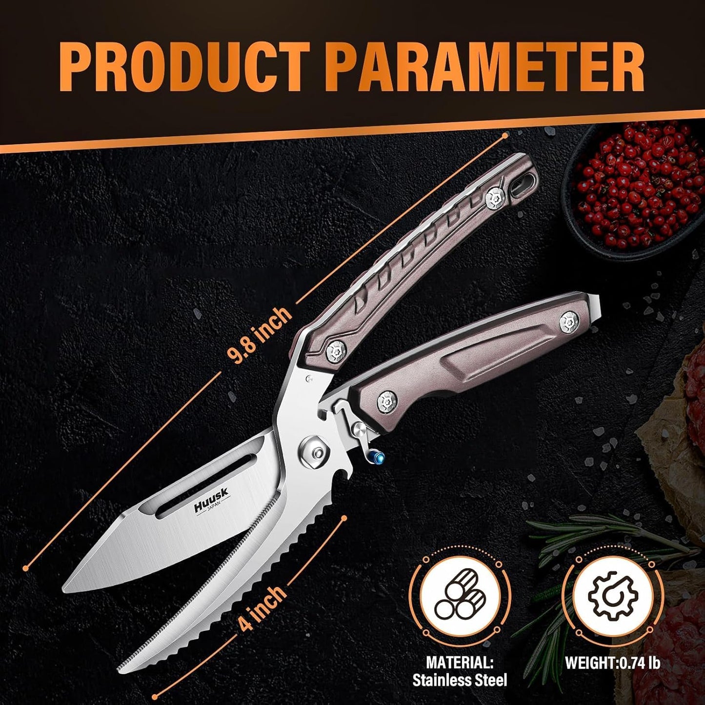 Huusk Heavy Duty Poultry Scissors - Kitchen Scissor for Food Brown | Serrated Edge, for Cutting Meat, Chicken and Bone, Detachable Sharp Shears, Gift Box