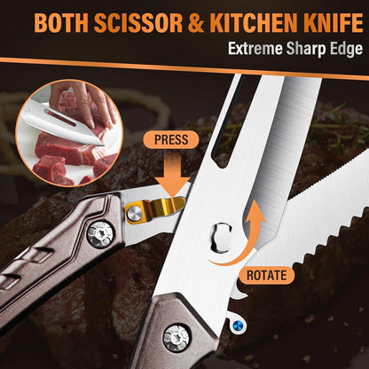 Huusk Heavy Duty Poultry Scissors - Kitchen Scissor for Food Brown | Serrated Edge, for Cutting Meat, Chicken and Bone, Detachable Sharp Shears, Gift Box