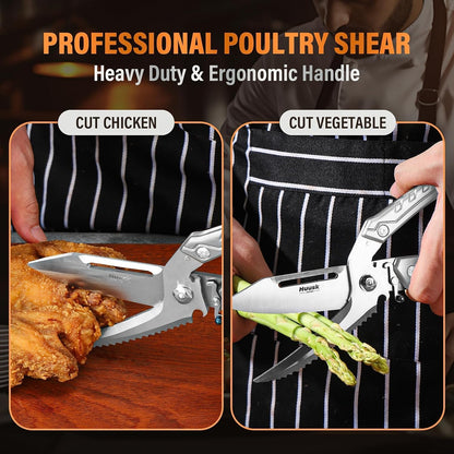 Huusk Heavy Duty Poultry Scissors - Kitchen Scissor for Food Brown | Serrated Edge, for Cutting Meat, Chicken and Bone, Detachable Sharp Shears, Gift Box