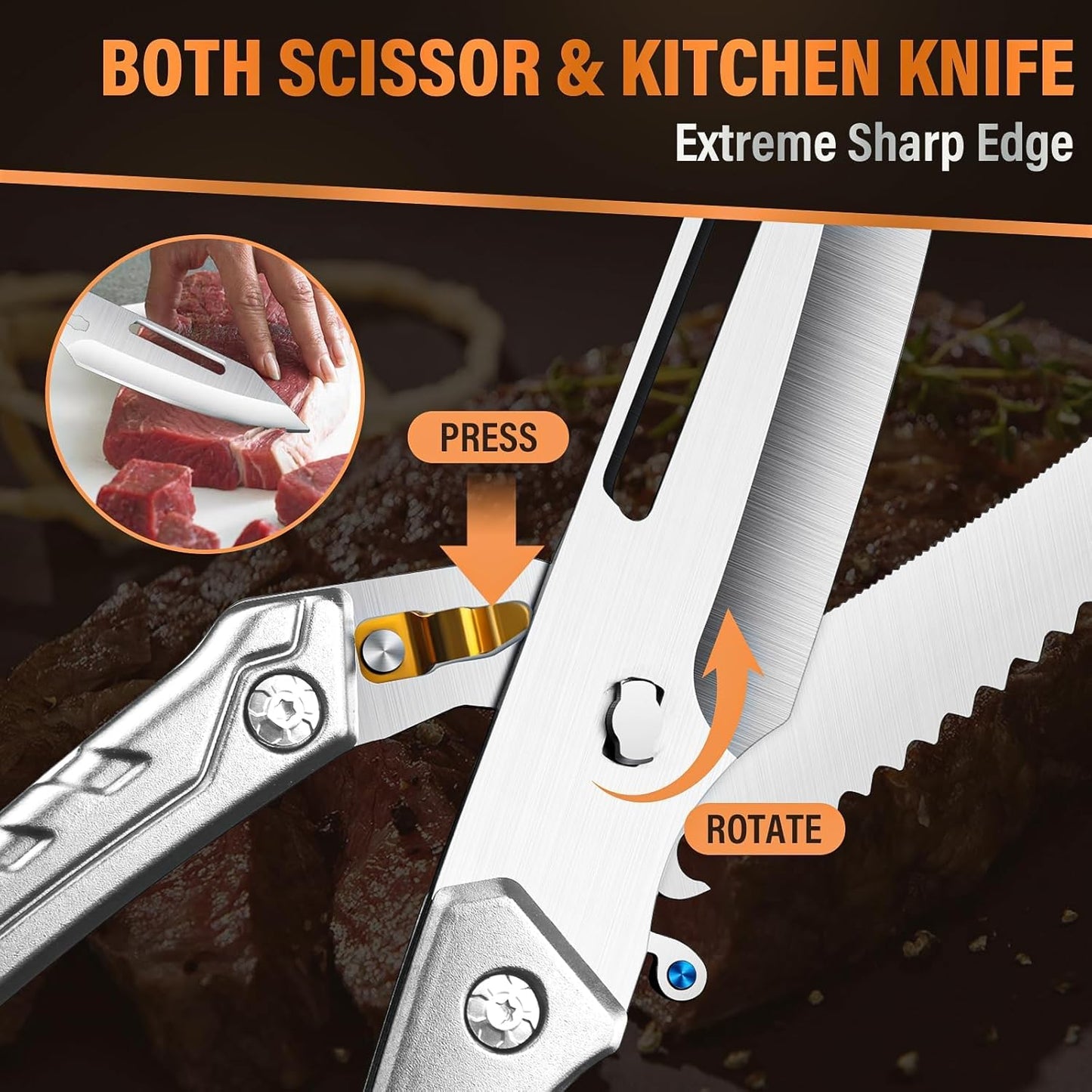 Huusk Heavy Duty Poultry Scissors - Kitchen Scissor for Food Brown | Serrated Edge, for Cutting Meat, Chicken and Bone, Detachable Sharp Shears, Gift Box