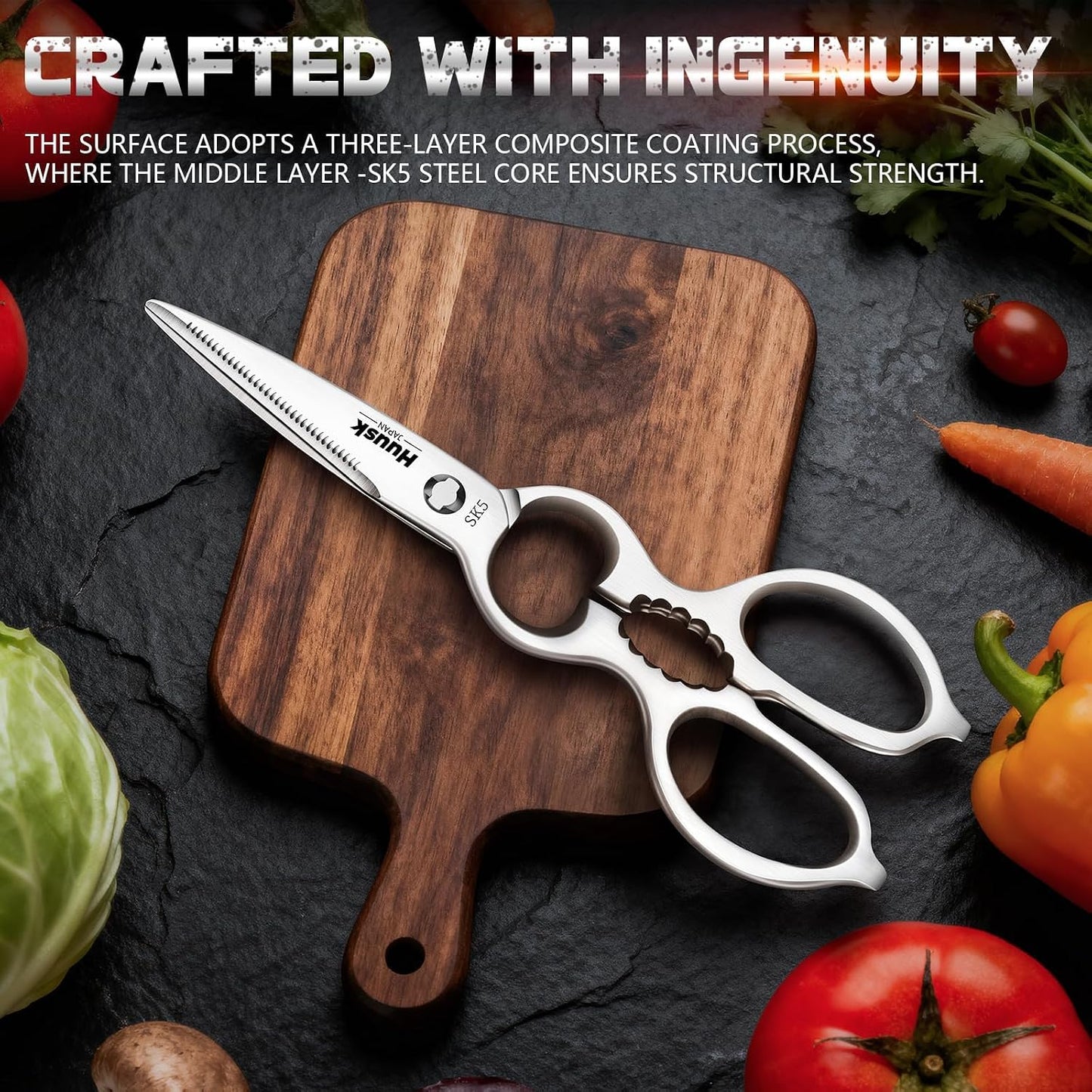 Huusk Heavy Duty Poultry Scissors - Kitchen Scissor for Food Brown | Serrated Edge, for Cutting Meat, Chicken and Bone, Detachable Sharp Shears, Gift Box
