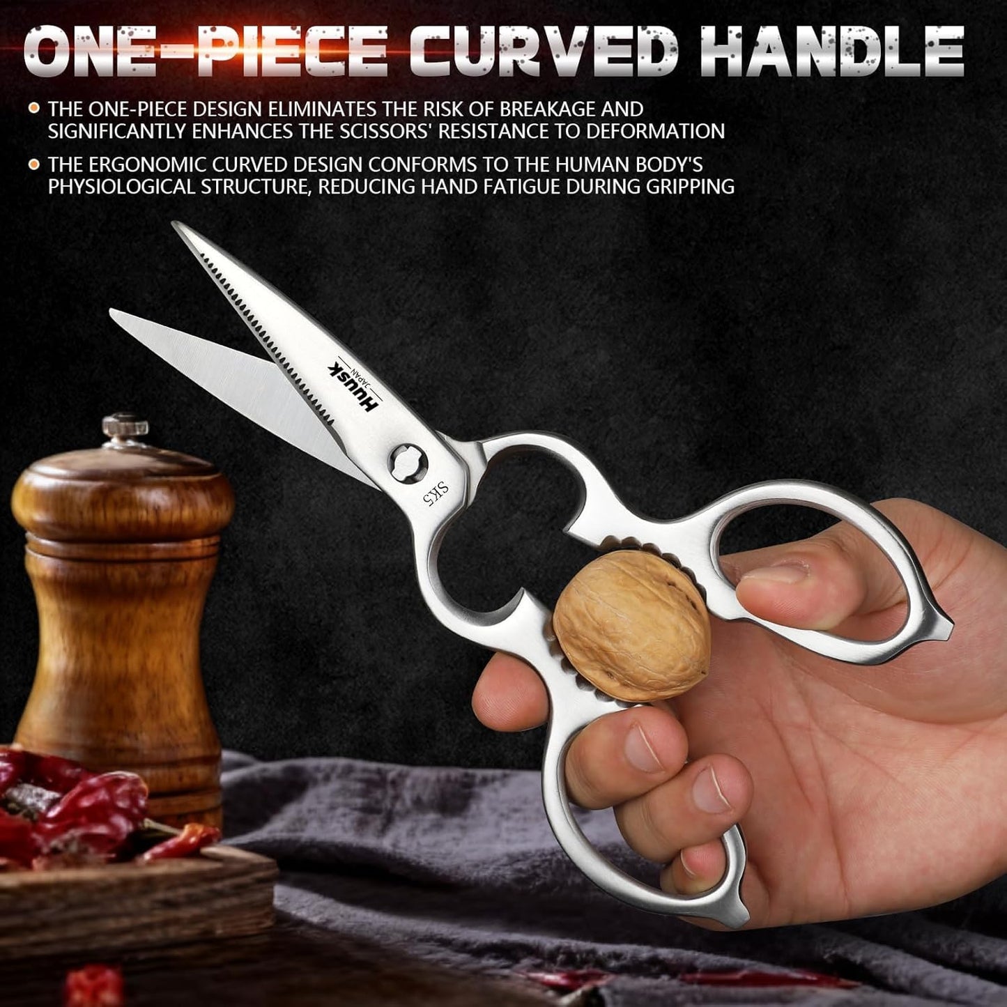 Huusk Heavy Duty Poultry Scissors - Kitchen Scissor for Food Brown | Serrated Edge, for Cutting Meat, Chicken and Bone, Detachable Sharp Shears, Gift Box