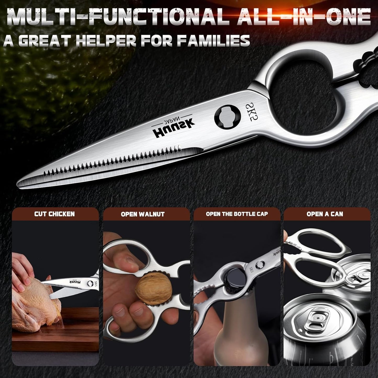 Huusk Heavy Duty Poultry Scissors - Kitchen Scissor for Food Brown | Serrated Edge, for Cutting Meat, Chicken and Bone, Detachable Sharp Shears, Gift Box