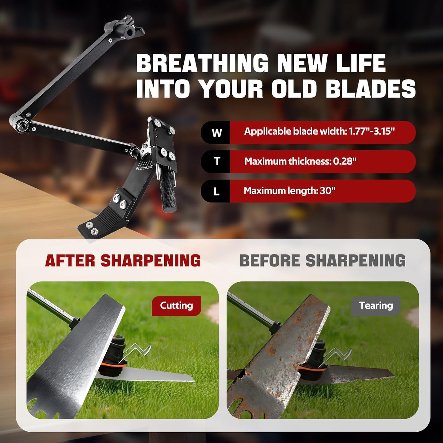 Lawn Mower Blade Sharpener 15°-45° Adjustable Frame With Ball Bearings Lawn Mower Blade Sharpener Tool For Standard Straight/Covered/High-Lift Mower Blades Compatible With Most Angle Grinders