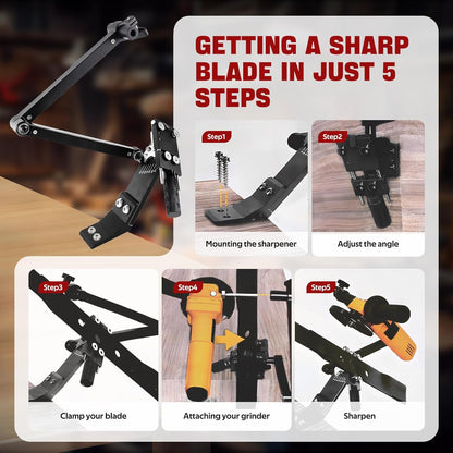 Lawn Mower Blade Sharpener 15°-45° Adjustable Frame With Ball Bearings Lawn Mower Blade Sharpener Tool For Standard Straight/Covered/High-Lift Mower Blades Compatible With Most Angle Grinders