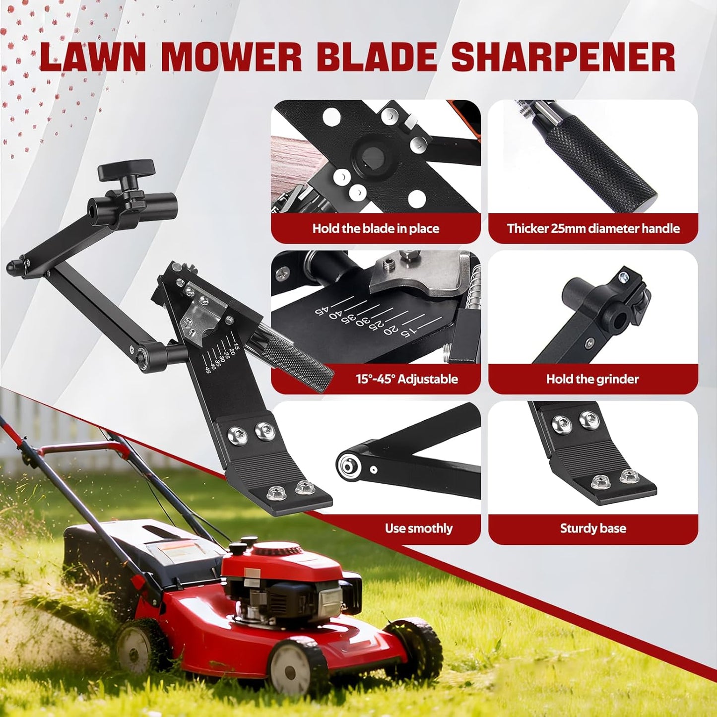 Lawn Mower Blade Sharpener 15°-45° Adjustable Frame With Ball Bearings Lawn Mower Blade Sharpener Tool For Standard Straight/Covered/High-Lift Mower Blades Compatible With Most Angle Grinders