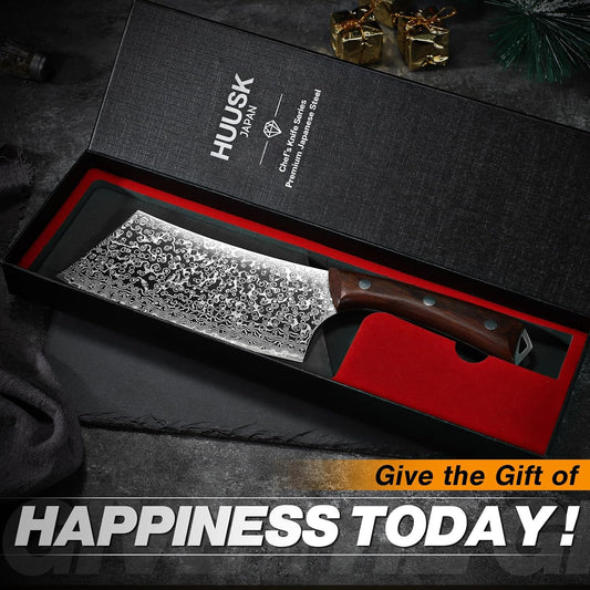 Huusk Japanese Meat Cleaver Knife 6.5", Butcher Knife for Meat Cutting | Hand Forged Vegetable Chopping Knife, High Carbon Steel Damascus Pattern Butcher Clever for Home Kitchen, Gift for Men Women