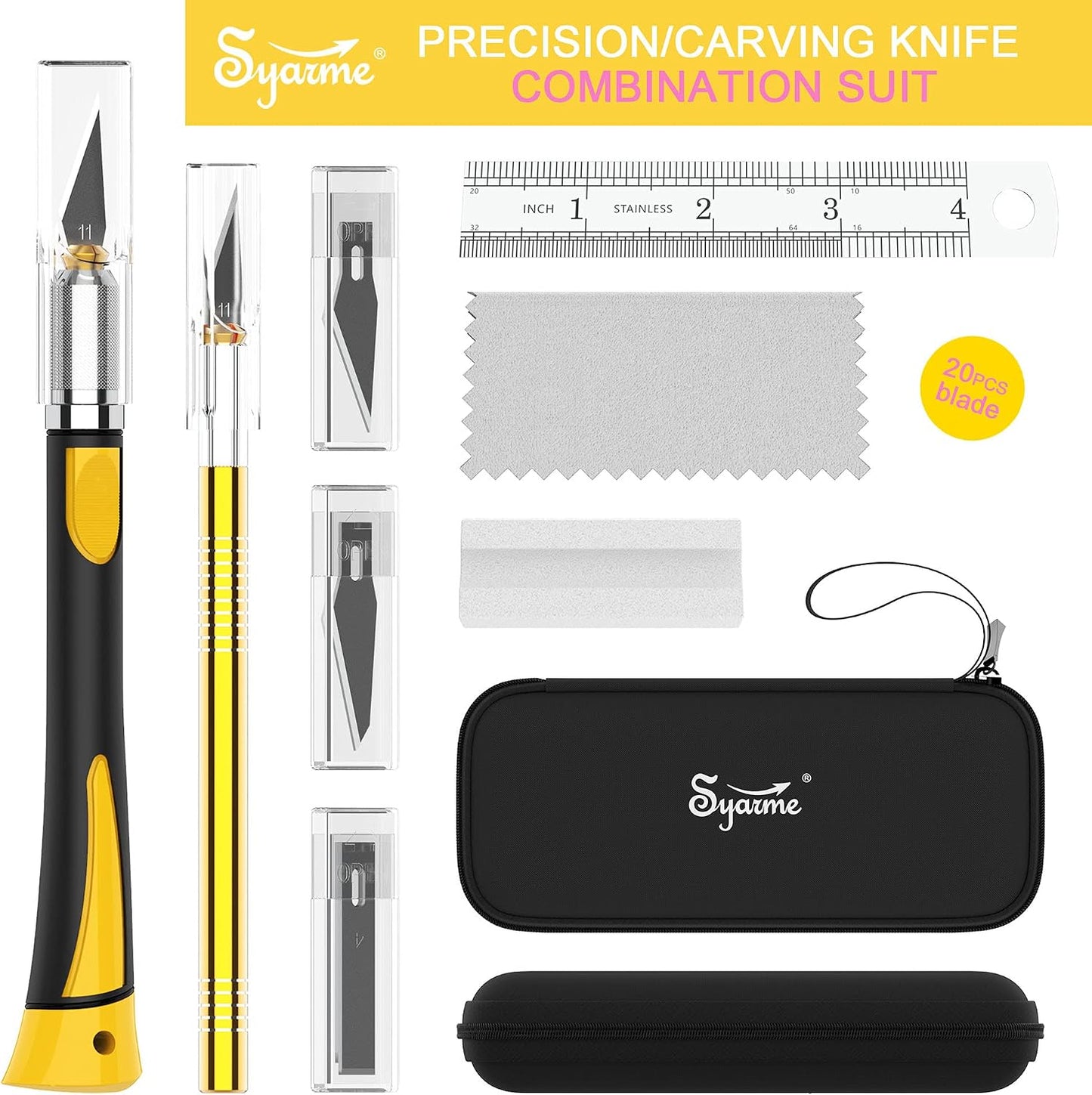 Craft Knife Set, Exacto Knife with Rubber Handle for Cutting, Carving, Scrapbooking, DIY, and Modeling, Including 2 Hobby Knife, 20 Replacement Exacto Blades, Storage Box, Sharpening Stone, Etc