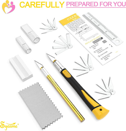 Craft Knife Set, Exacto Knife with Rubber Handle for Cutting, Carving, Scrapbooking, DIY, and Modeling, Including 2 Hobby Knife, 20 Replacement Exacto Blades, Storage Box, Sharpening Stone, Etc