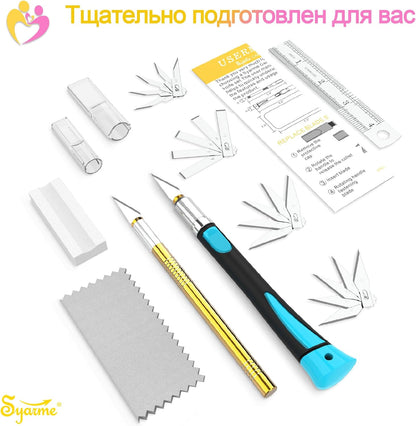 Craft Knife Set, Exacto Knife with Rubber Handle for Cutting, Carving, Scrapbooking, DIY, and Modeling, Including 2 Hobby Knife, 20 Replacement Exacto Blades, Storage Box, Sharpening Stone, Etc
